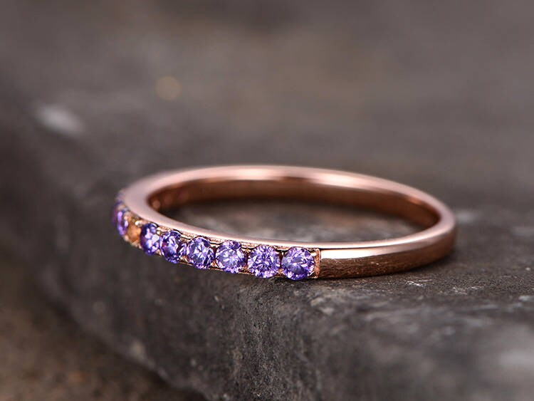 Natural Citrine & Amethyst Sterling silver ring/Bridal wedding ring/stackable ring/Engagement Matching band/Rose gold plated/Half Eternity