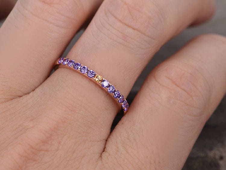 Natural Citrine & Amethyst Sterling silver ring/Bridal wedding ring/stackable ring/Engagement Matching band/Rose gold plated/Half Eternity