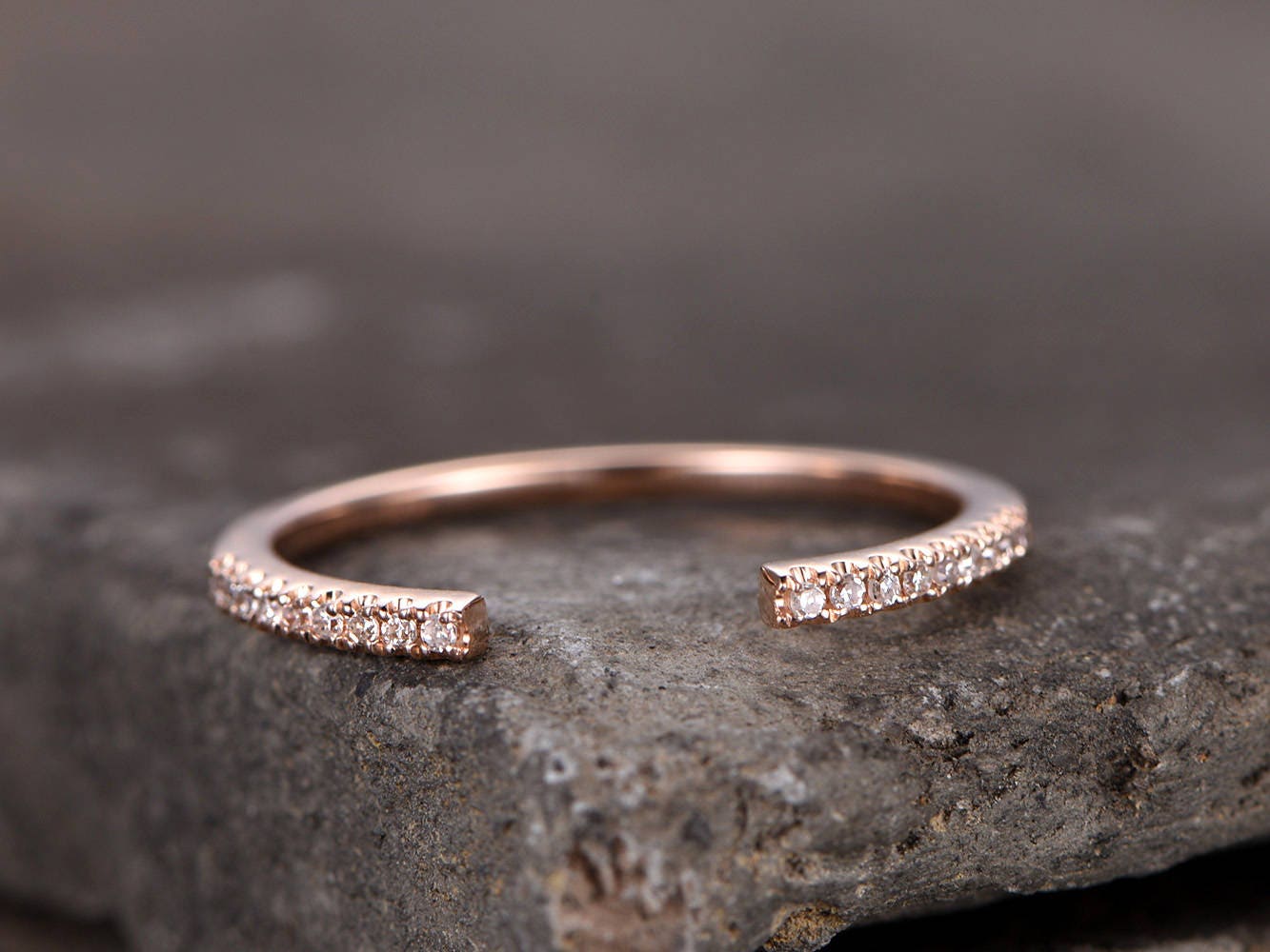 Sterling silver ring/Cubic Zirconia wedding band/open gap band//Art Deco Matching band/Half eternity ring/Rose gold plated/Petite Pave