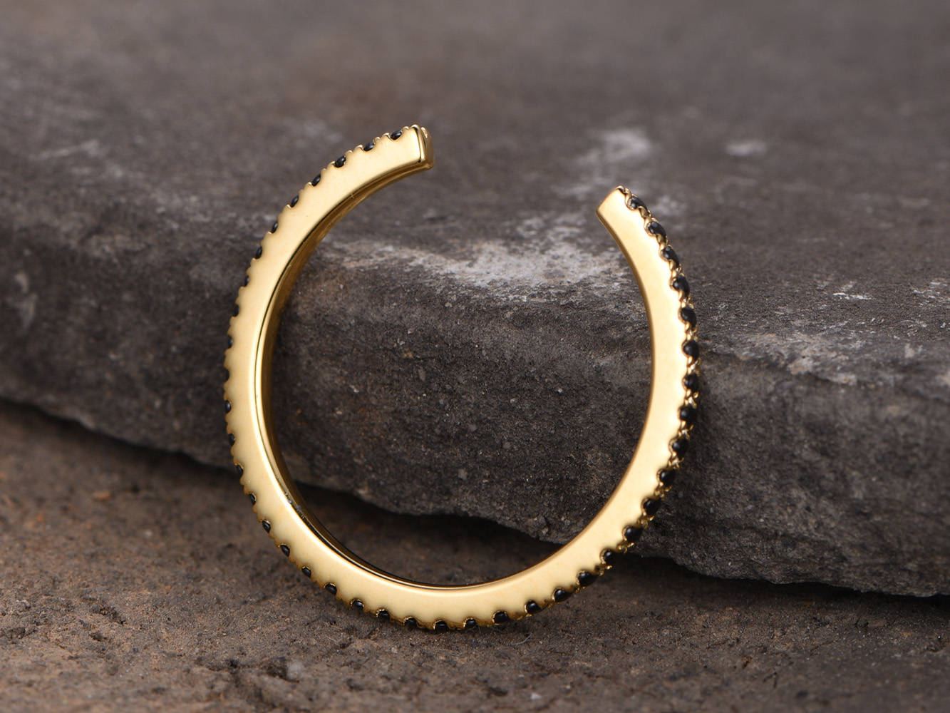 Black diamond wedding band,black CZ ring,Stacking Ring,Unique open band,matching band,Eternity band,yellow gold plated,in sterling silver