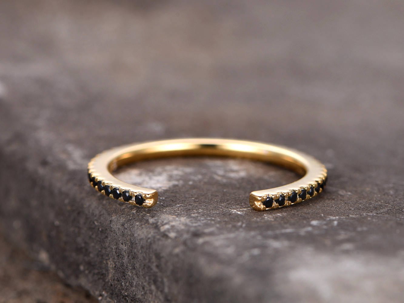 Black diamond wedding band,black CZ ring,Stacking Ring,Unique open band,matching band,Eternity band,yellow gold plated,in sterling silver