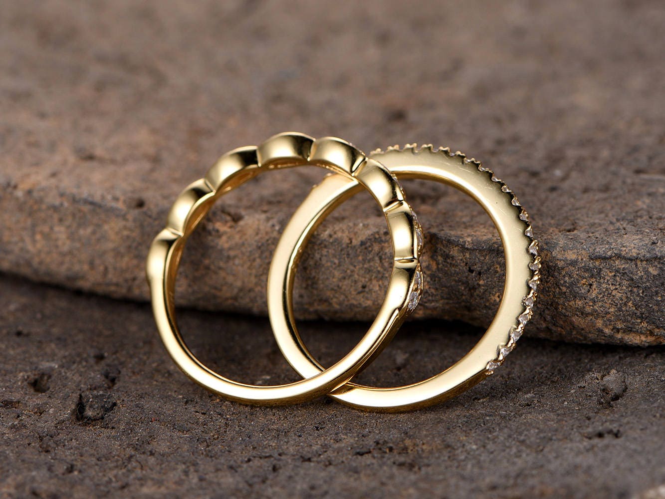 Art deco wedding band/Silver CZ wedding band/Diamond eternity band/stacking rings/2PCS Matching band/Half eternity/Yellow gold plated