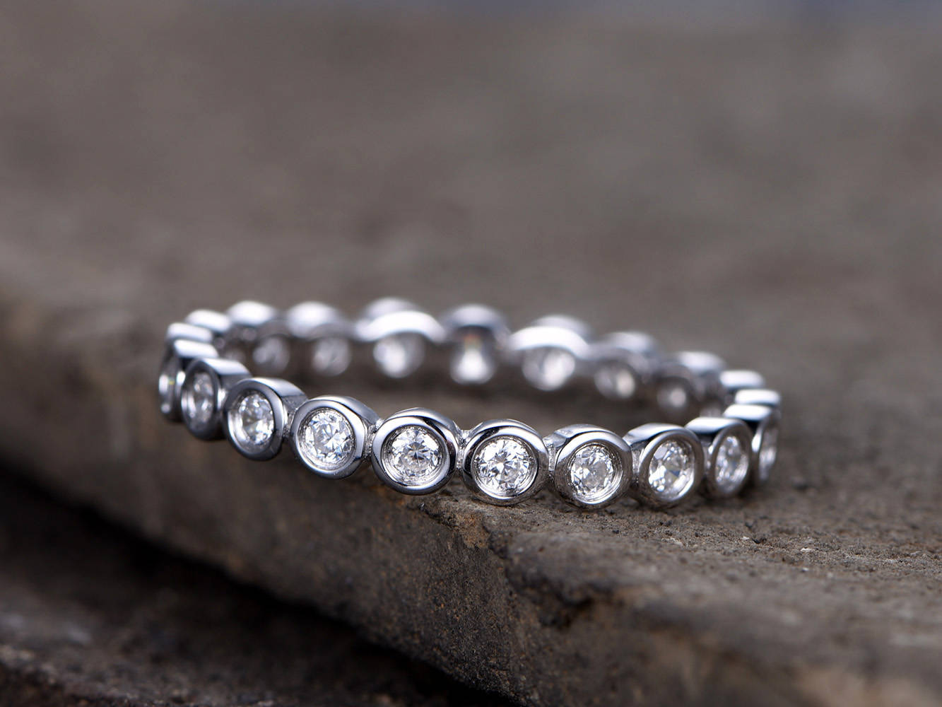Bezel set Diamond Eternity Band Sterling Silver CZ Wedding Ring Bubble Stackable Ring Matching Band Full Eternity White Gold Plated