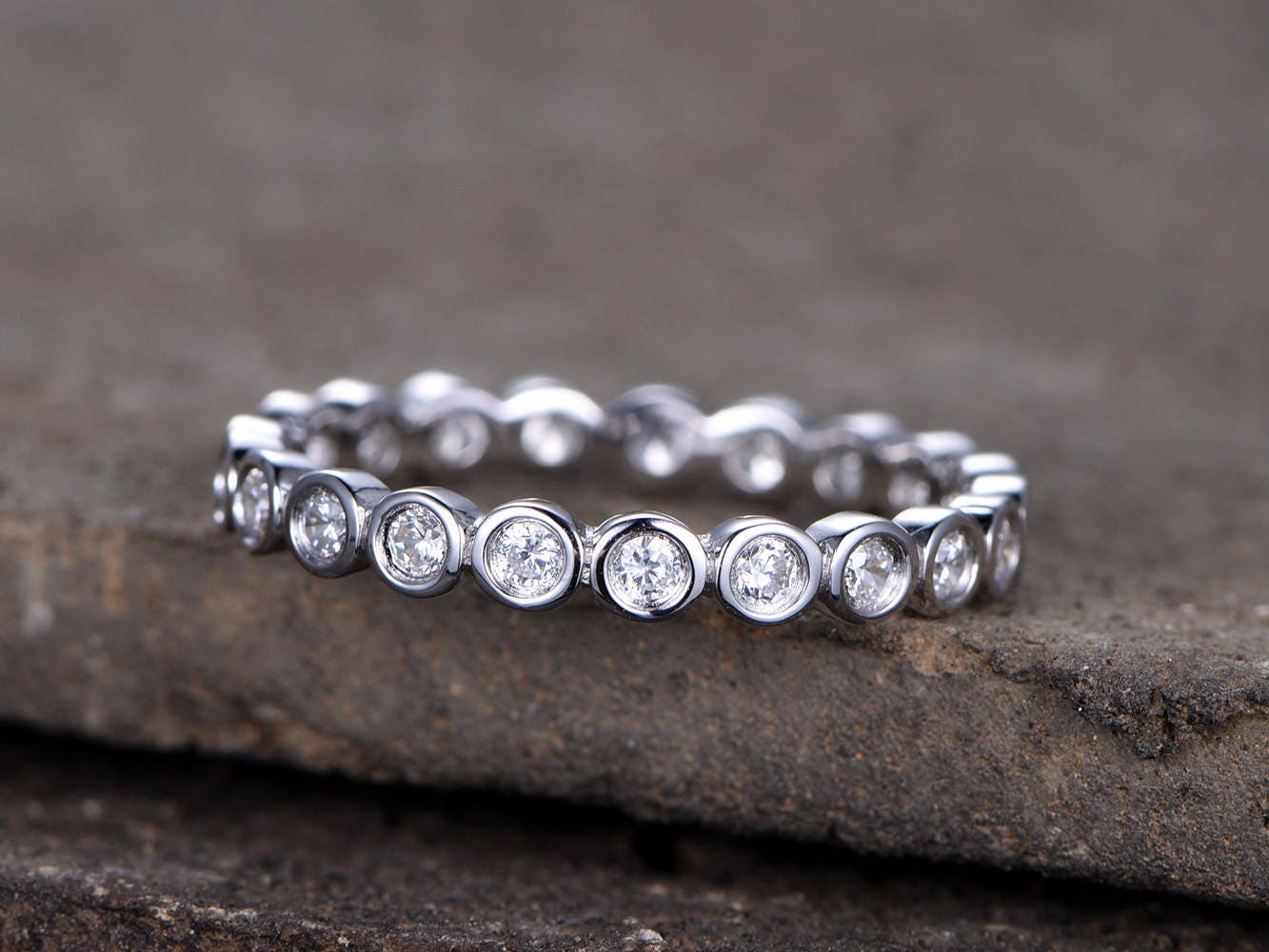 Bezel set Diamond Eternity Band Sterling Silver CZ Wedding Ring Bubble Stackable Ring Matching Band Full Eternity White Gold Plated