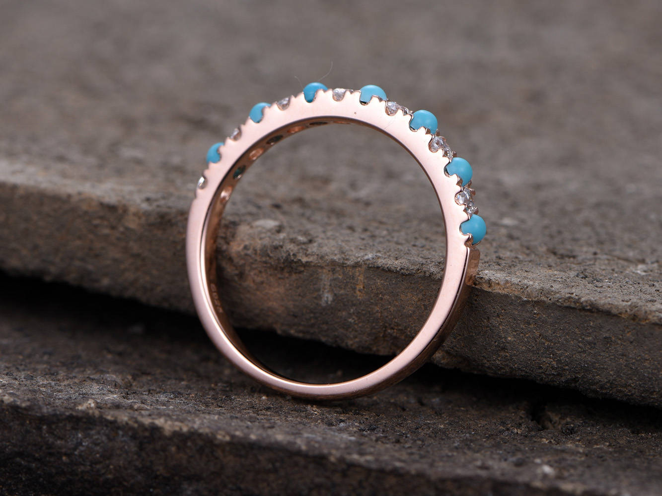 Tiny Turquoise Ring/Turquoise wedding ring/CZ Diamond Eternity band/Half eternity/Sterling silver/Rose gold plated/Anniversary/Matching band