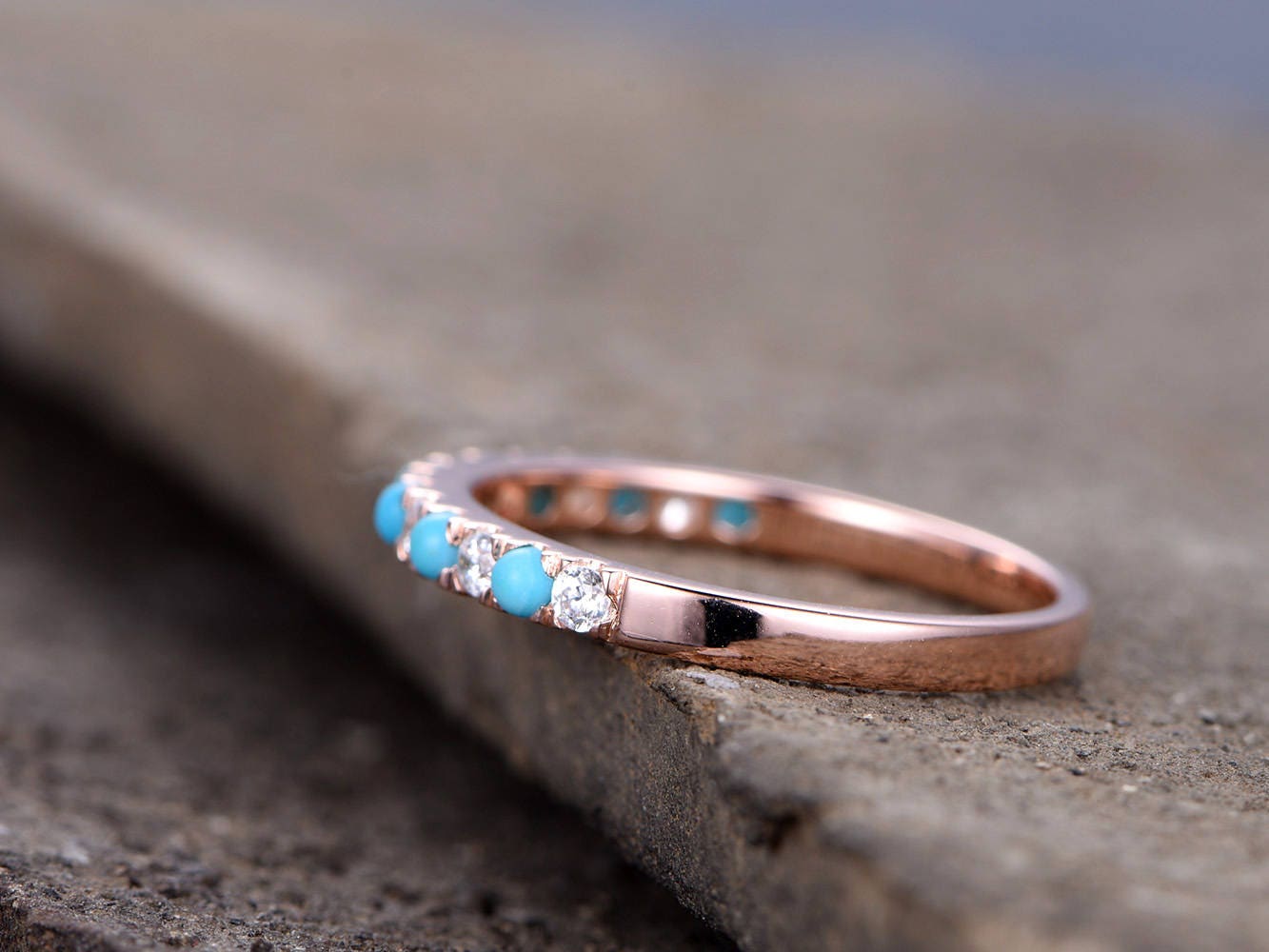 Tiny Turquoise Ring/Turquoise wedding ring/CZ Diamond Eternity band/Half eternity/Sterling silver/Rose gold plated/Anniversary/Matching band