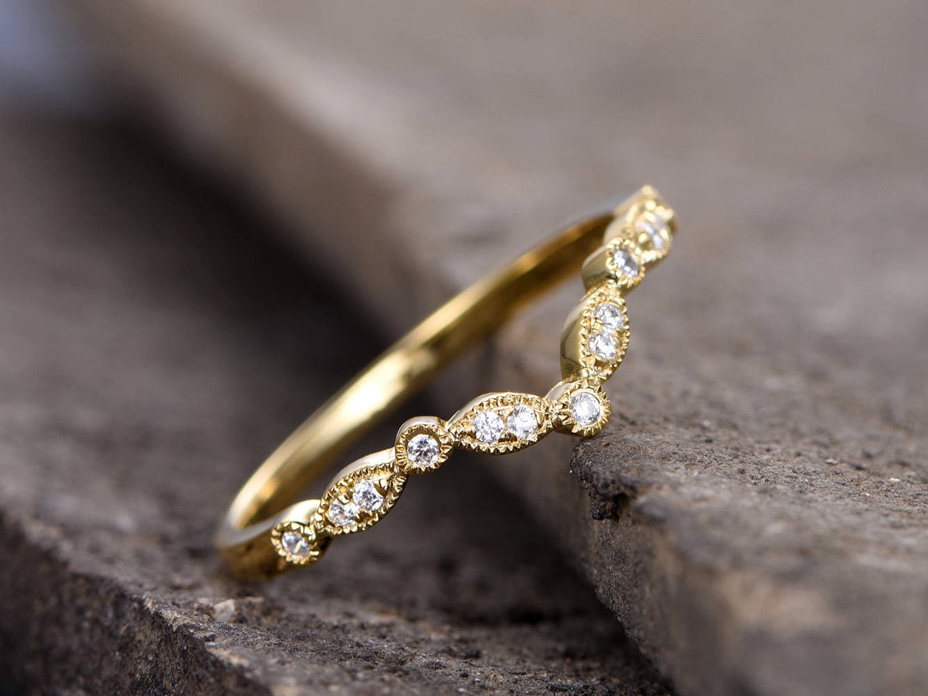 V Ring Curve Wedding Band Art Deco Ring Chevron Diamond Ring Sterling Silver CZ Wedding Ring Yellow Gold Plated Stackable Matching Band