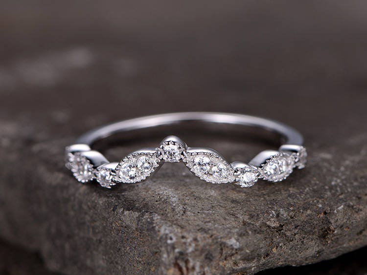 Sterling silver ring/Cubic Zirconia wedding band/CZ wedding ring/stackable ring/Matching band/marquise band/Curved Sharp V shape gap ring
