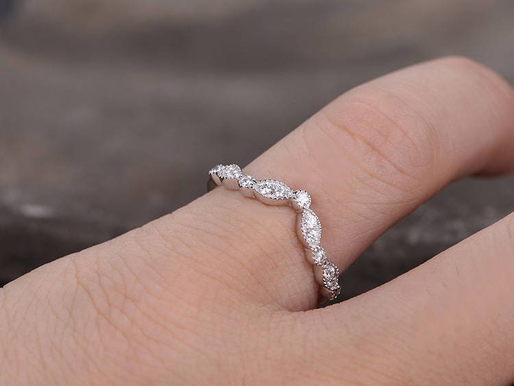 Sterling silver ring/Cubic Zirconia wedding band/CZ wedding ring/stackable ring/Matching band/marquise band/Curved Sharp V shape gap ring
