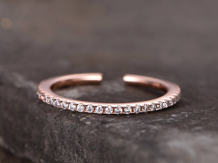 Sterling silver ring/Cubic Zirconia wedding band/CZ wedding ring/line band/Open Art Deco Matching band/Full eternity ring/Rose gold plated