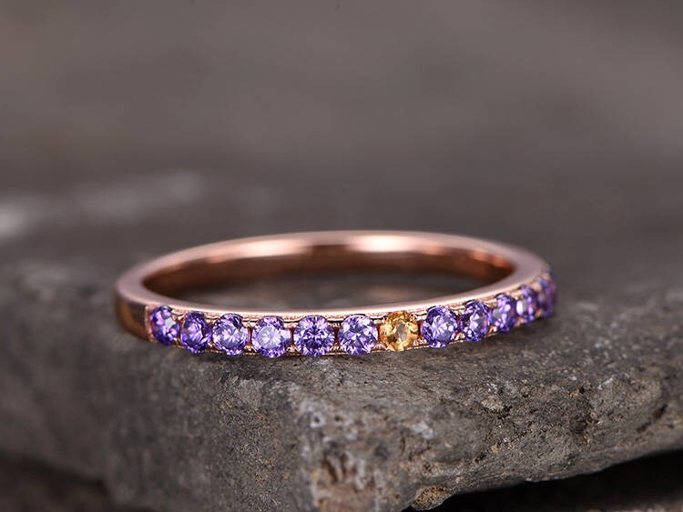 Natural Citrine & Amethyst Sterling silver ring/Bridal wedding ring/stackable ring/Engagement Matching band/Rose gold plated/Half Eternity