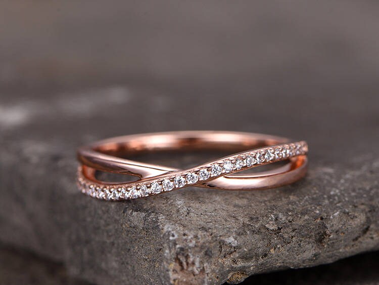 Infinity Sterling silver ring/Cubic Zirconia wedding band/CZ wedding ring/stackable ring/Matching band/Gift/Split shank/Rose gold plated