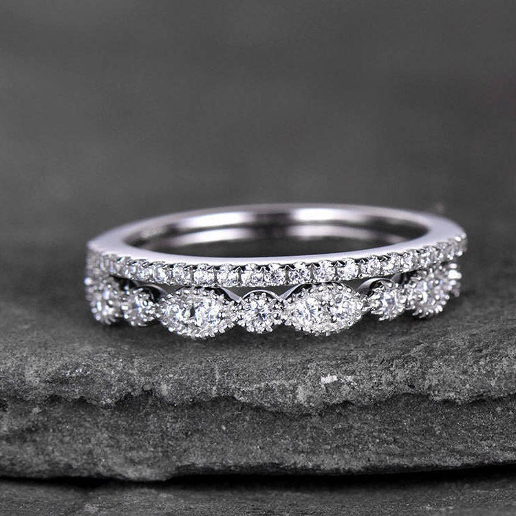 Sterling silver ring SET/Cubic Zirconia wedding band/CZ wedding ring/stack ring/2PCS Matching band/Half eternity ring/White gold plated