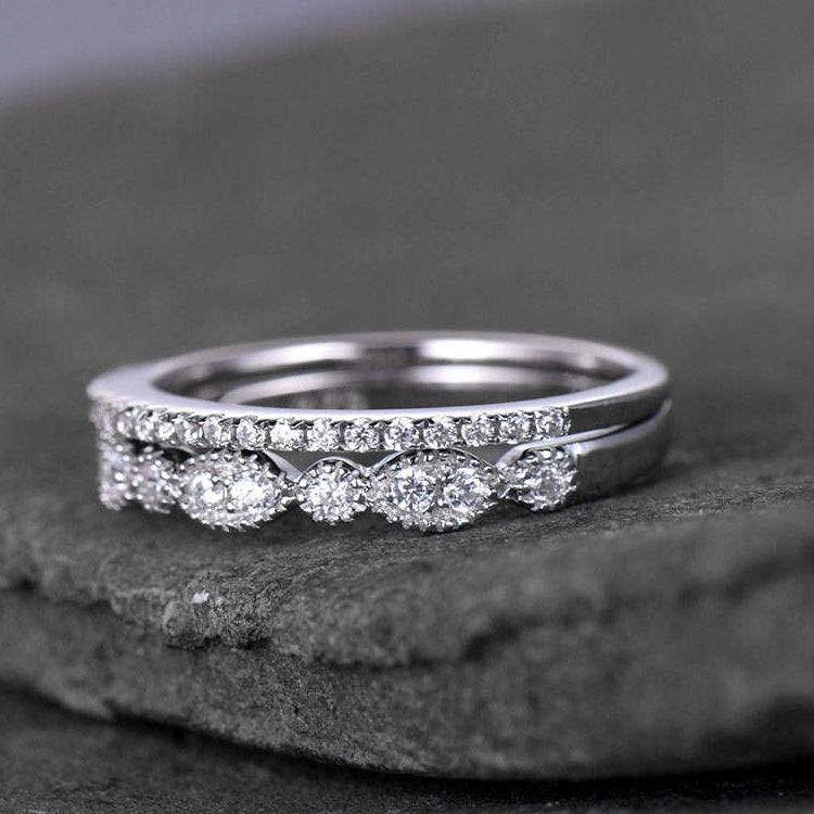 Sterling silver ring SET/Cubic Zirconia wedding band/CZ wedding ring/stack ring/2PCS Matching band/Half eternity ring/White gold plated