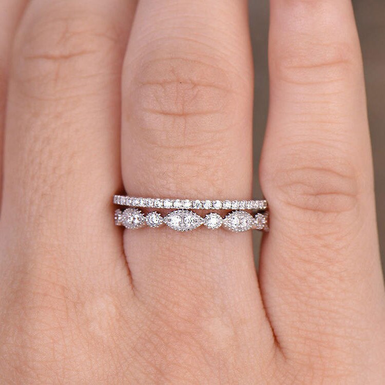 Sterling silver ring SET/Cubic Zirconia wedding band/CZ wedding ring/stack ring/2PCS Matching band/Half eternity ring/White gold plated