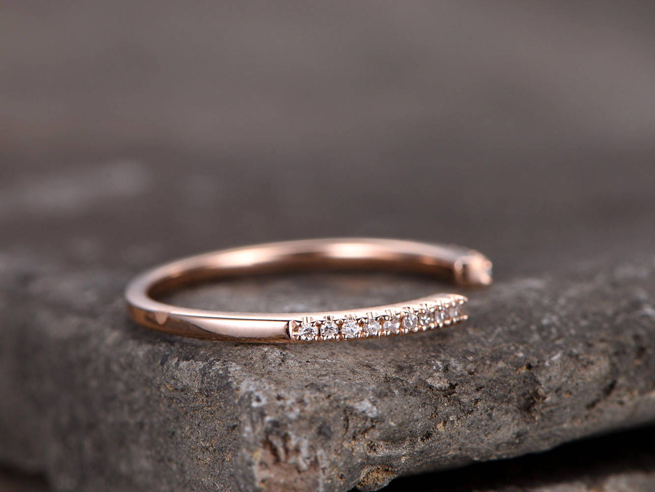 Sterling silver ring/Cubic Zirconia wedding band/open gap band//Art Deco Matching band/Half eternity ring/Rose gold plated/Petite Pave