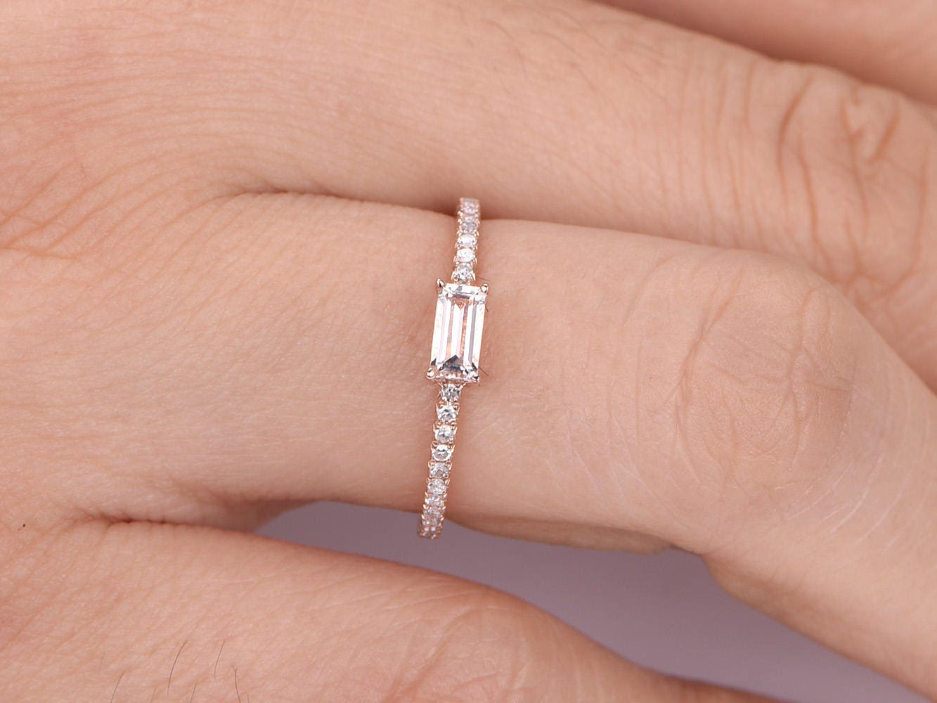 Baguette Morganite engagement ring natural morganite ring diamond ring diamond wedding band stacking ring bridal ring 14k rose gold ring