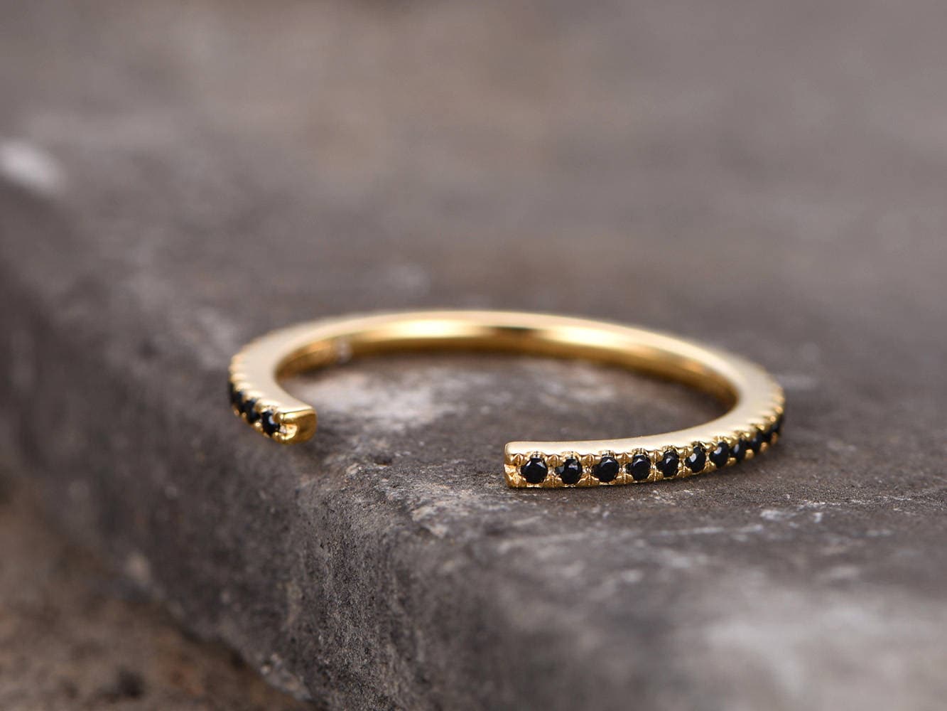 Black diamond wedding band,black CZ ring,Stacking Ring,Unique open band,matching band,Eternity band,yellow gold plated,in sterling silver