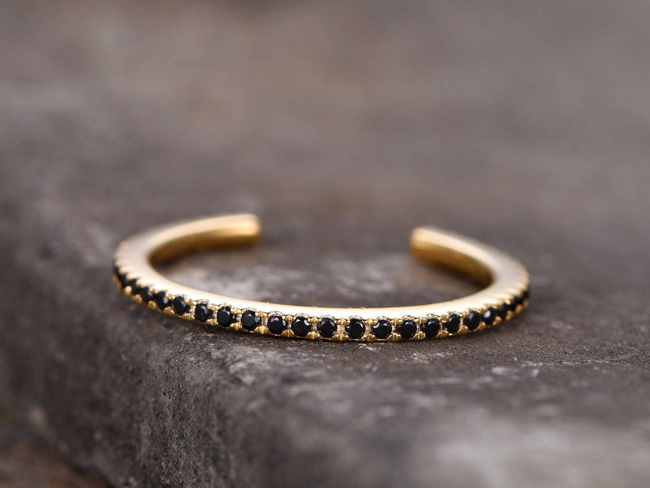Black diamond wedding band,black CZ ring,Stacking Ring,Unique open band,matching band,Eternity band,yellow gold plated,in sterling silver