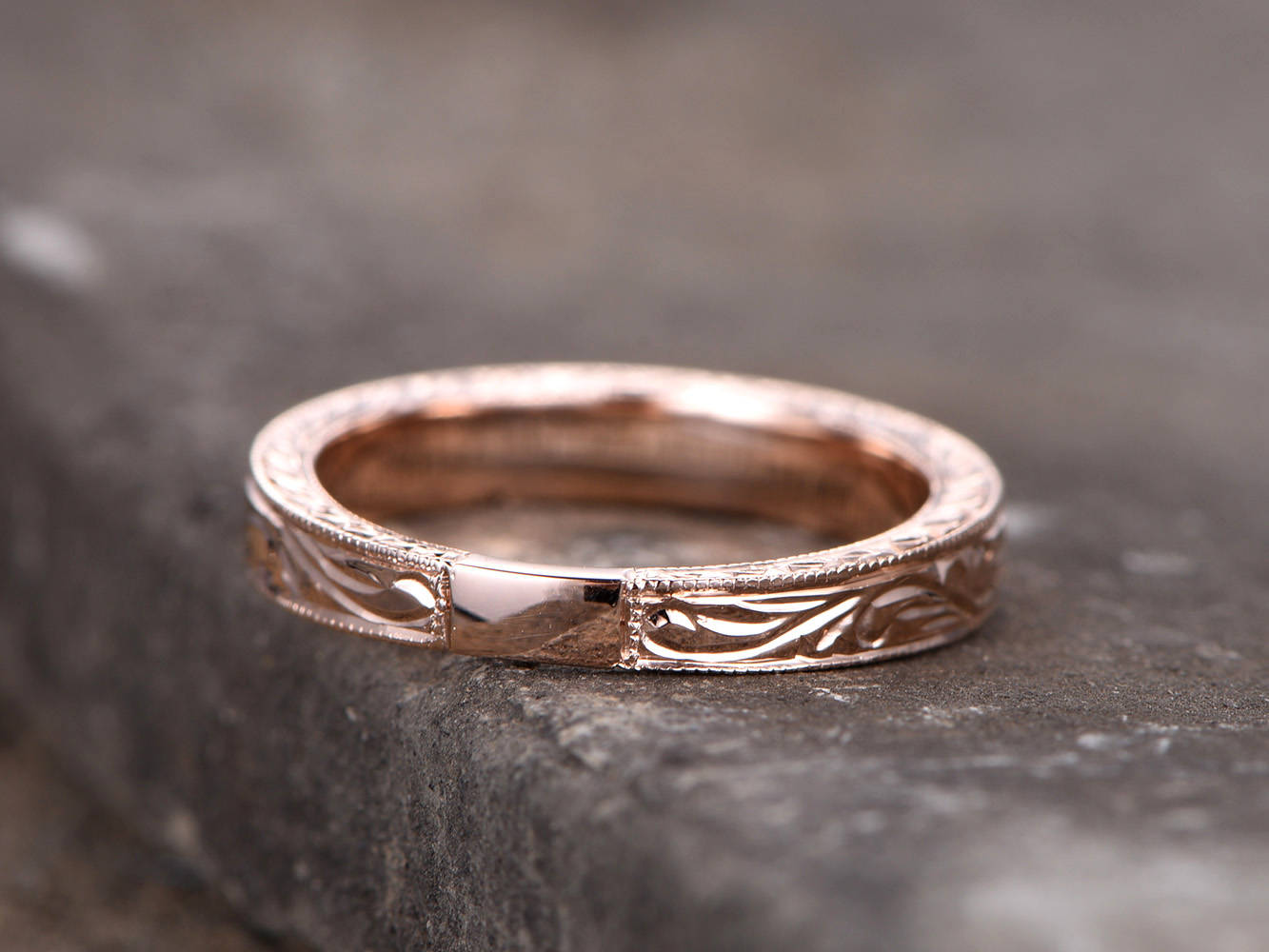 Vintage Filigree Wedding Band Stacking RingMilgrain Floral Design Rose Gold Plated Sterling Silver Anniversary Ring