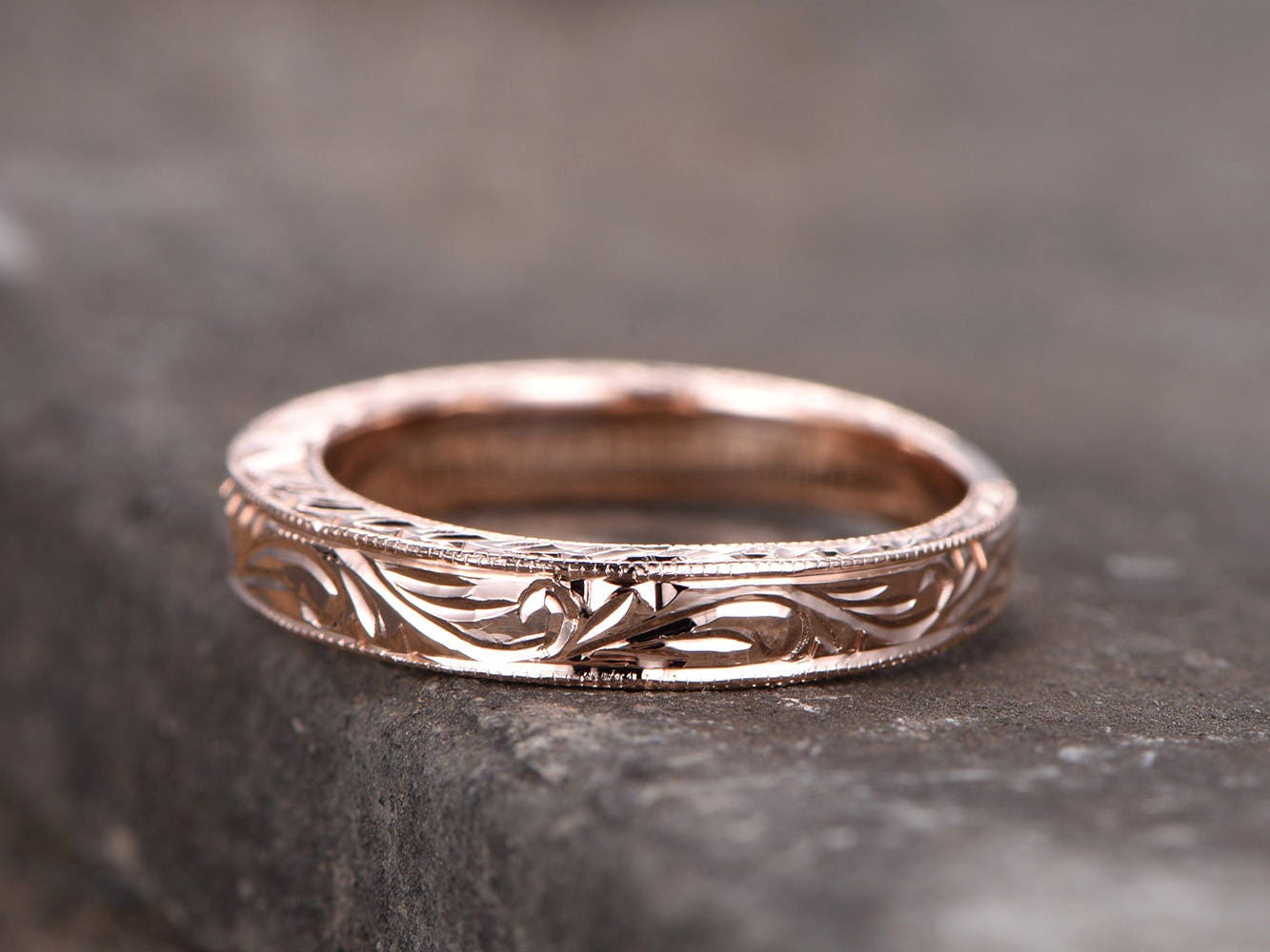Vintage Filigree Wedding Band Stacking RingMilgrain Floral Design Rose Gold Plated Sterling Silver Anniversary Ring
