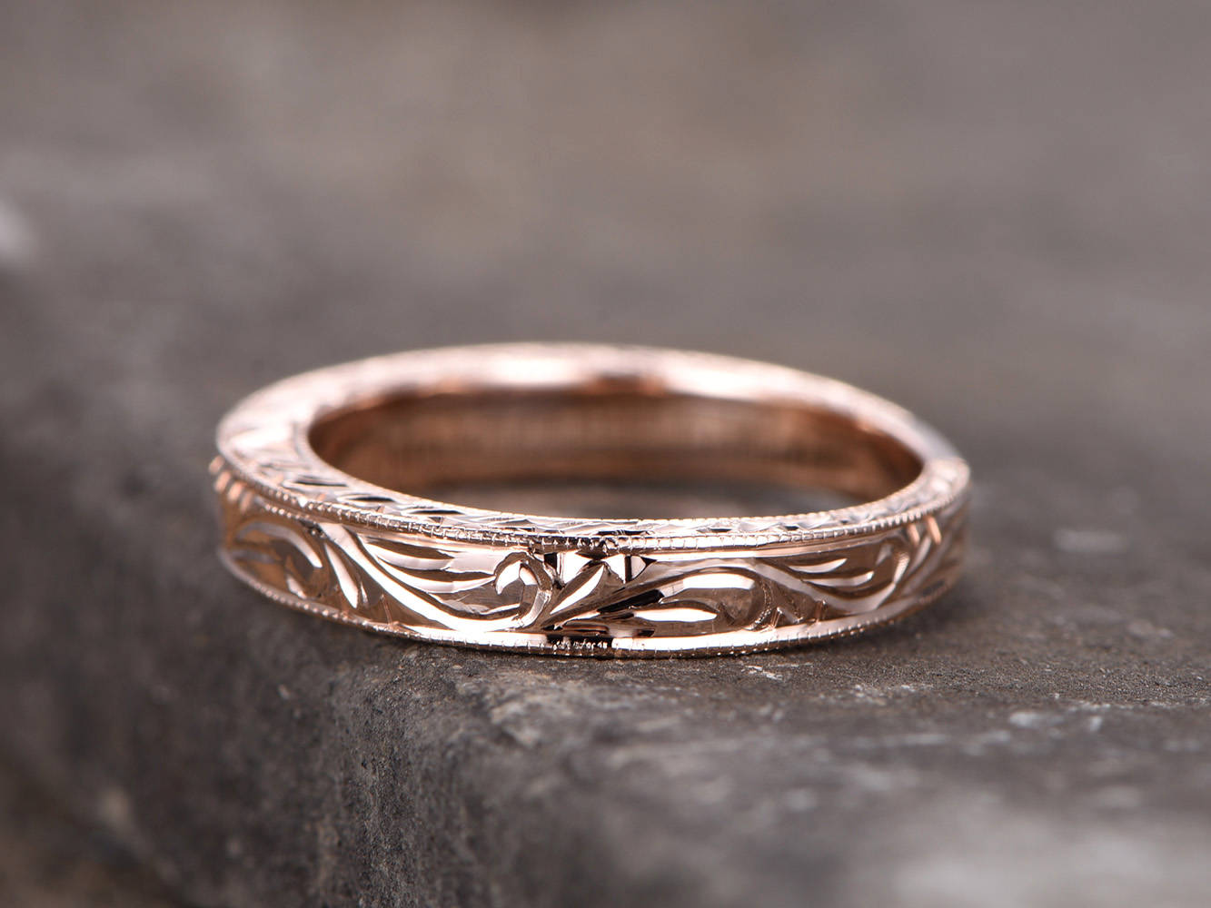 Vintage Filigree Wedding Band Stacking RingMilgrain Floral Design Rose Gold Plated Sterling Silver Anniversary Ring