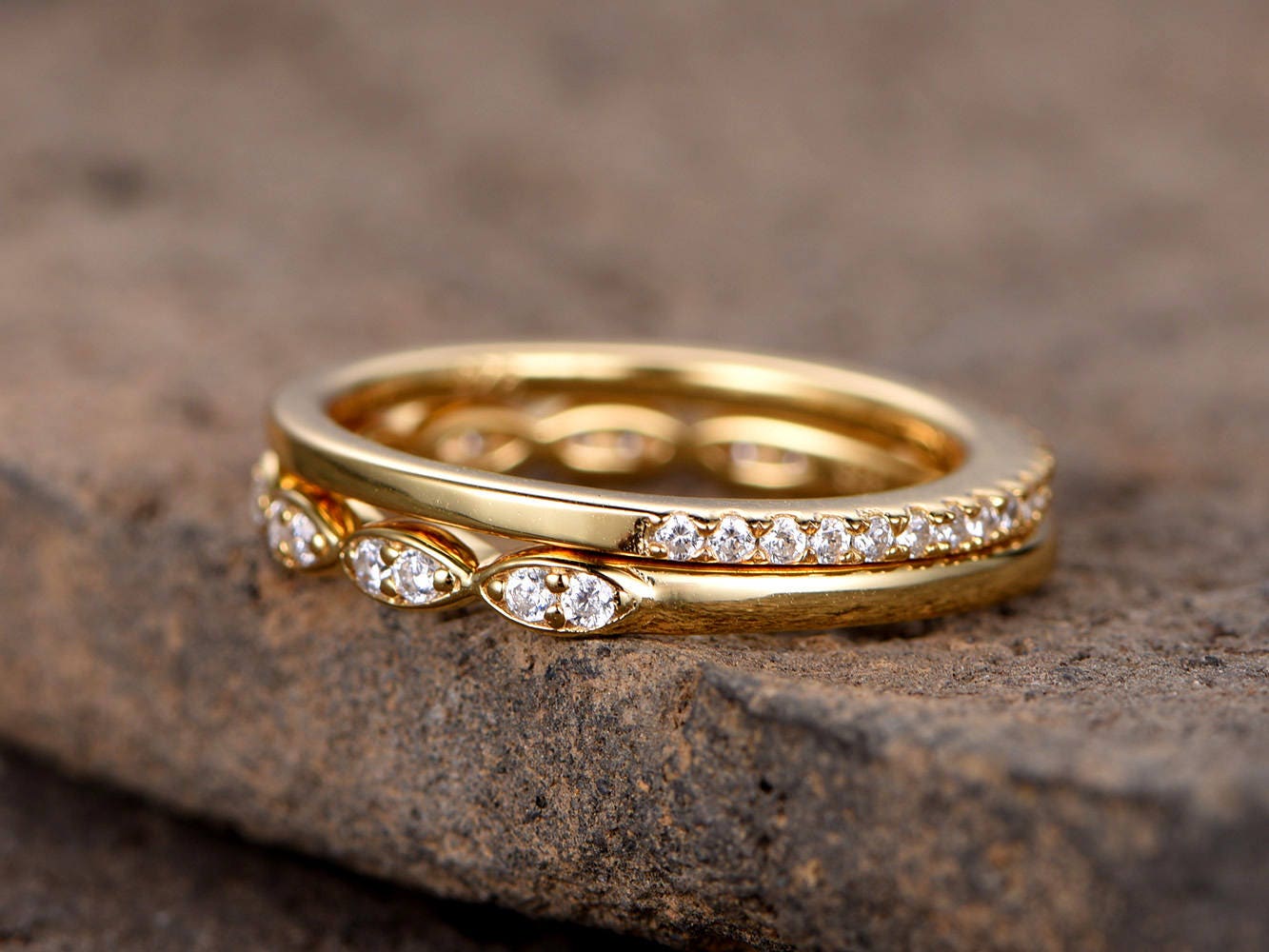 Art deco wedding band/Silver CZ wedding band/Diamond eternity band/stacking rings/2PCS Matching band/Half eternity/Yellow gold plated