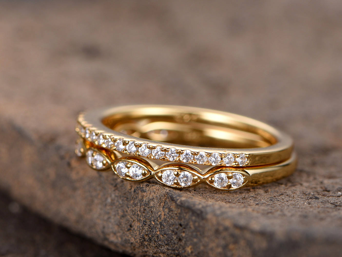 Art deco wedding band/Silver CZ wedding band/Diamond eternity band/stacking rings/2PCS Matching band/Half eternity/Yellow gold plated