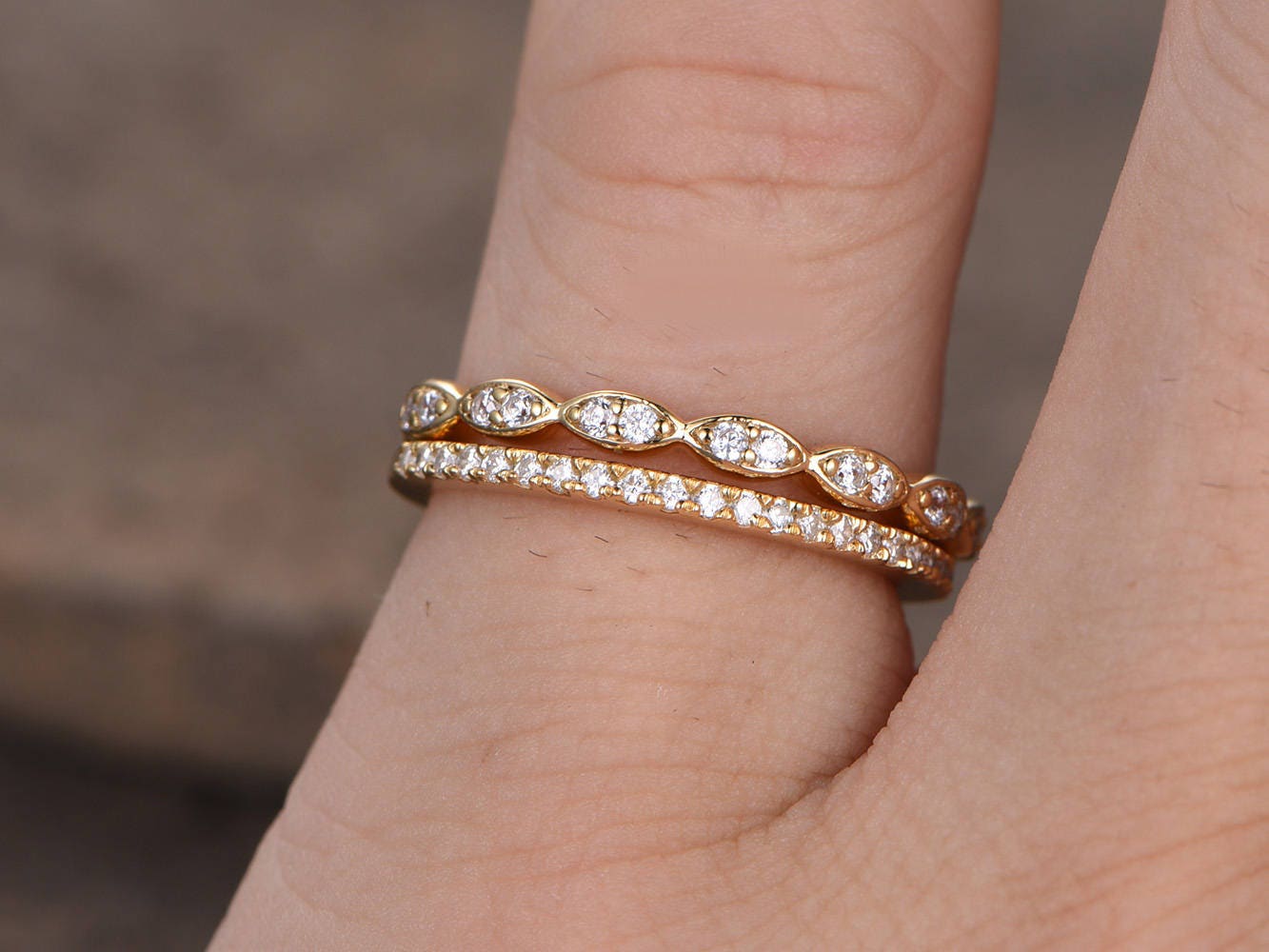 Art deco wedding band/Silver CZ wedding band/Diamond eternity band/stacking rings/2PCS Matching band/Half eternity/Yellow gold plated