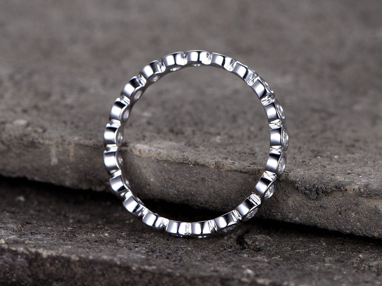 Bezel set Diamond Eternity Band Sterling Silver CZ Wedding Ring Bubble Stackable Ring Matching Band Full Eternity White Gold Plated