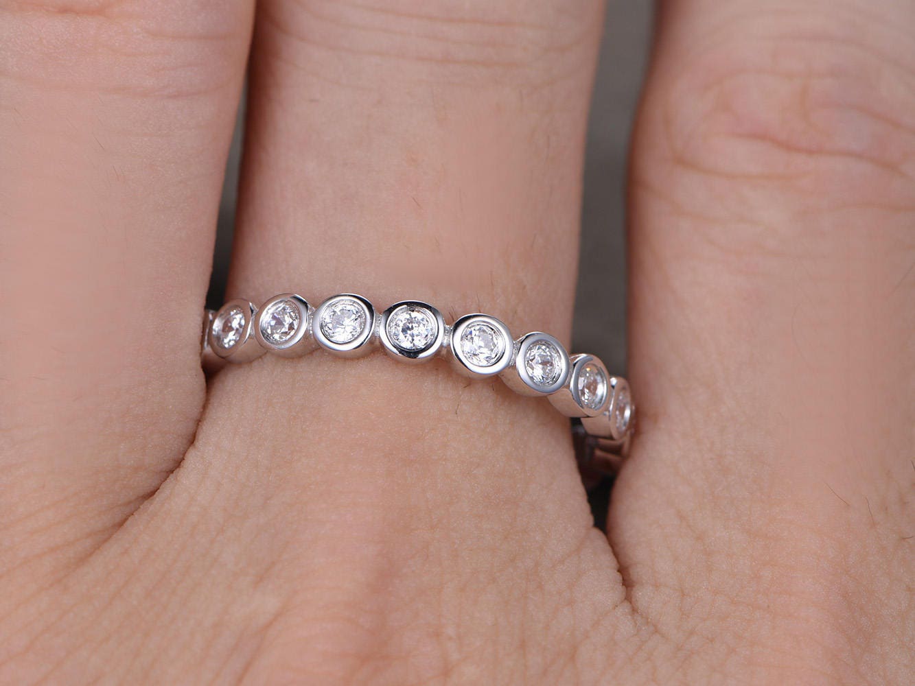 Bezel set Diamond Eternity Band Sterling Silver CZ Wedding Ring Bubble Stackable Ring Matching Band Full Eternity White Gold Plated