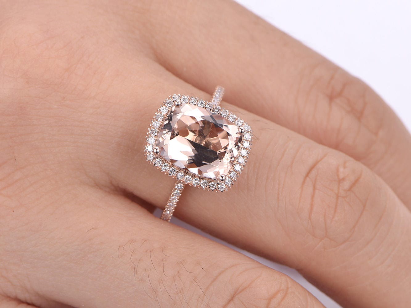 Payment plan for Rae's custom order, switch the main stone to 8mm cushion morganite, diamond as the side stones, 14k rose gold, 2nd payment.