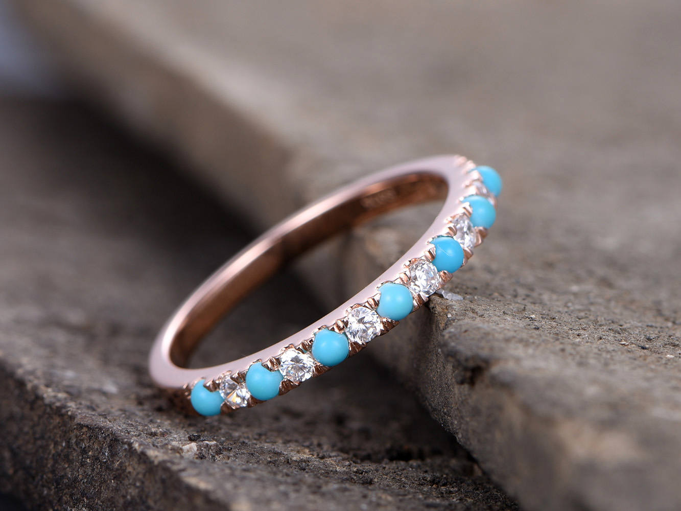 Tiny Turquoise Ring/Turquoise wedding ring/CZ Diamond Eternity band/Half eternity/Sterling silver/Rose gold plated/Anniversary/Matching band