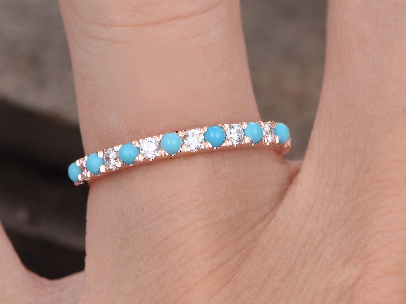 Tiny Turquoise Ring/Turquoise wedding ring/CZ Diamond Eternity band/Half eternity/Sterling silver/Rose gold plated/Anniversary/Matching band