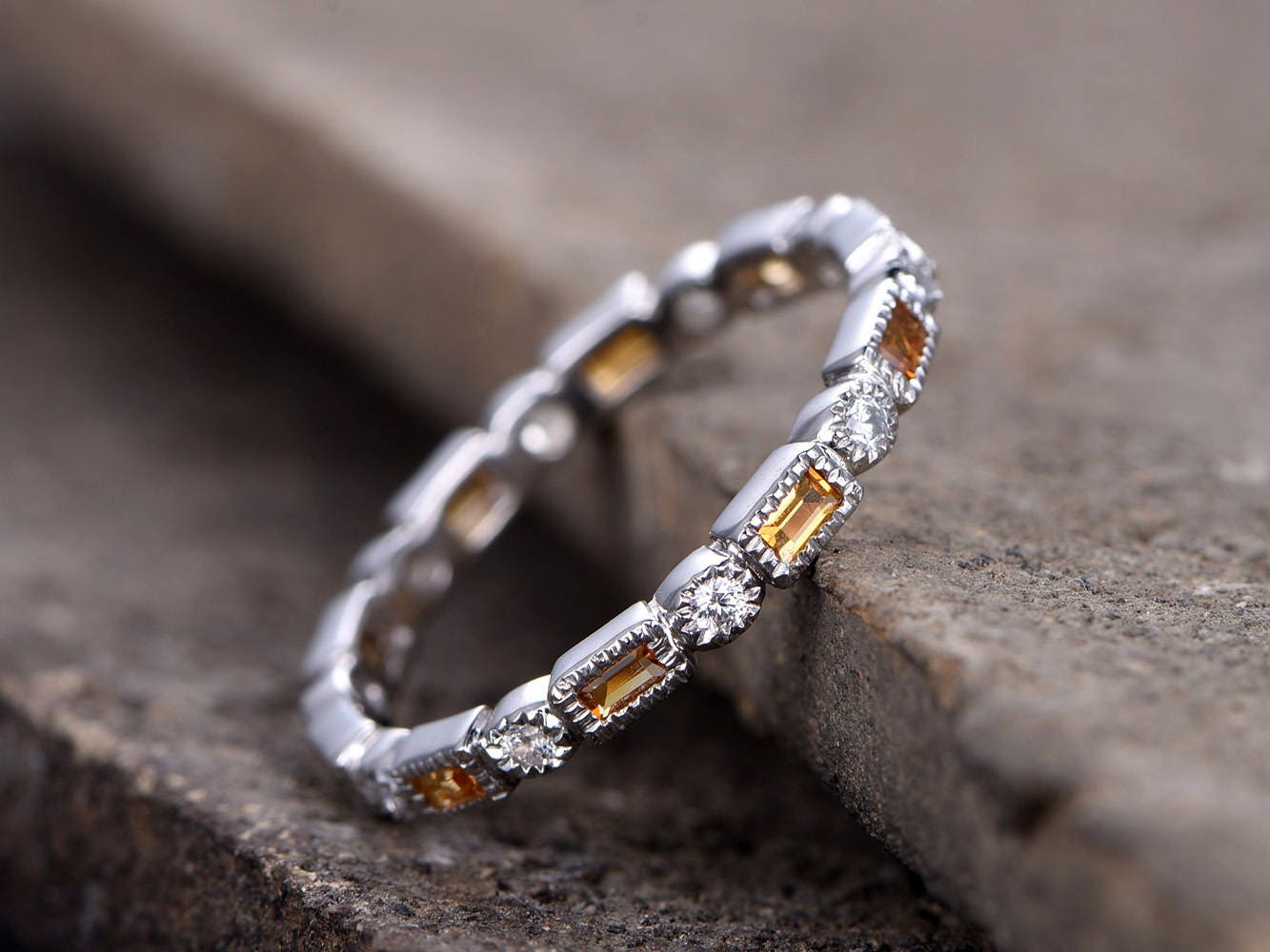 Citrine Wedding Ring CZ Diamond Eternity Band November Birthstone Art Deco Unique Wedding Band White Gold plated Stacking Matching Band