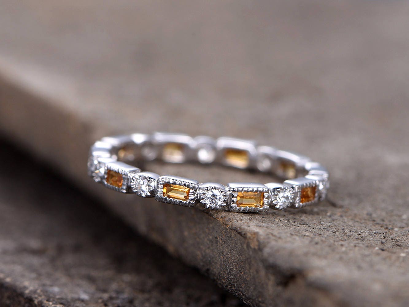 Citrine Wedding Ring CZ Diamond Eternity Band November Birthstone Art Deco Unique Wedding Band White Gold plated Stacking Matching Band