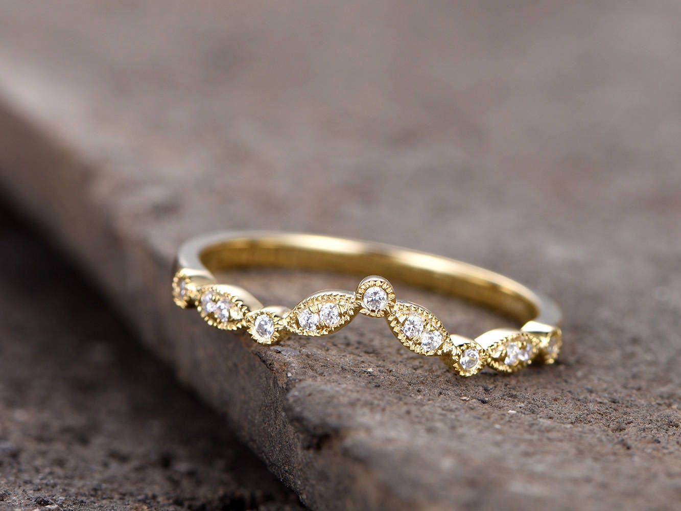 V Ring Curve Wedding Band Art Deco Ring Chevron Diamond Ring Sterling Silver CZ Wedding Ring Yellow Gold Plated Stackable Matching Band