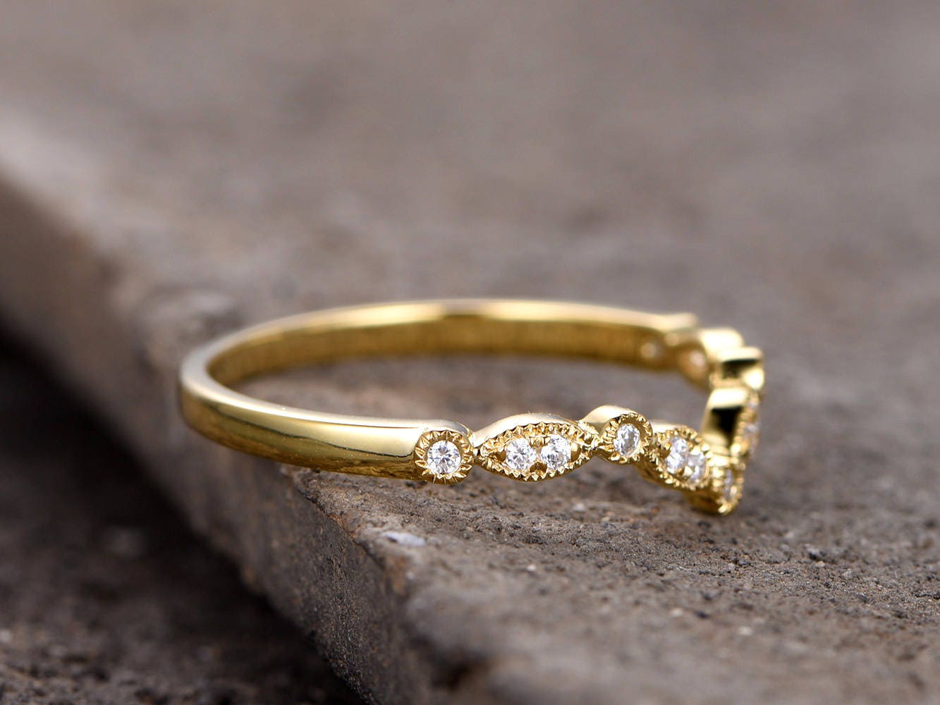 V Ring Curve Wedding Band Art Deco Ring Chevron Diamond Ring Sterling Silver CZ Wedding Ring Yellow Gold Plated Stackable Matching Band