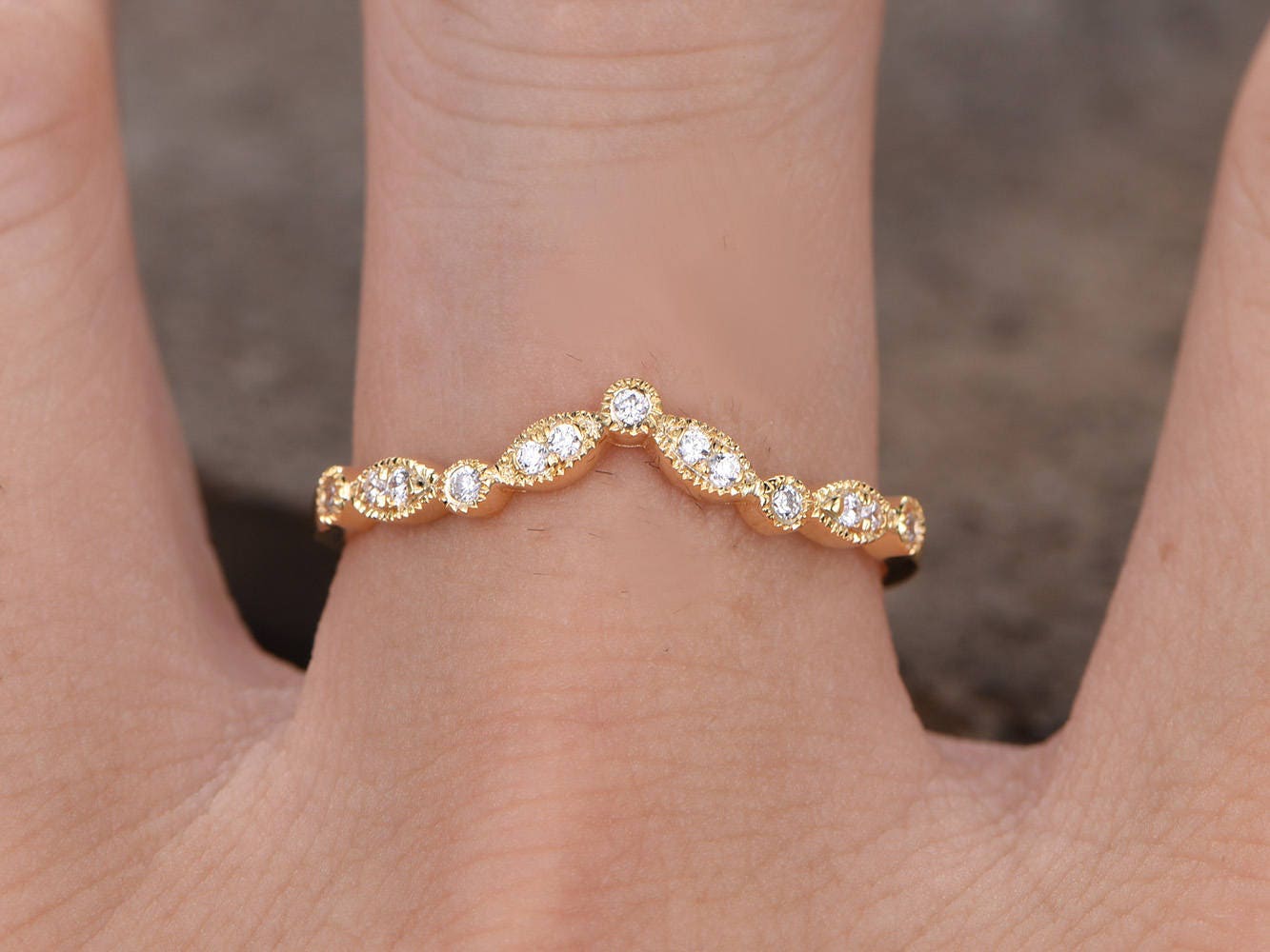 V Ring Curve Wedding Band Art Deco Ring Chevron Diamond Ring Sterling Silver CZ Wedding Ring Yellow Gold Plated Stackable Matching Band