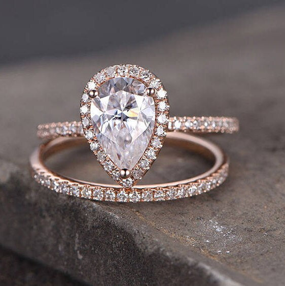 Pear Cut Engagement Ring 6x8mm CZ Wedding Ring Set Man Made Diamond Eternity Wedding Band Sterling Silver Bridal Set Rose Gold Plated 2PCS
