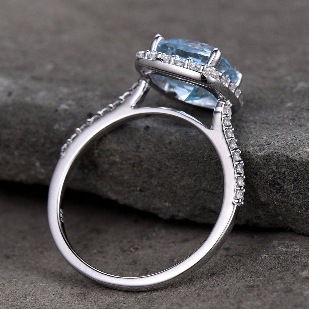 Blue Topaz Engagement Ring 8mm Cushion Cut Blue Gemstone Promise Ring CZ Pave Set 925 Sterling Silver Bridal Ring White Gold Plated