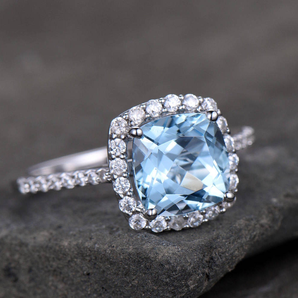 Blue Topaz Engagement Ring 8mm Cushion Cut Blue Gemstone Promise Ring CZ Pave Set 925 Sterling Silver Bridal Ring White Gold Plated