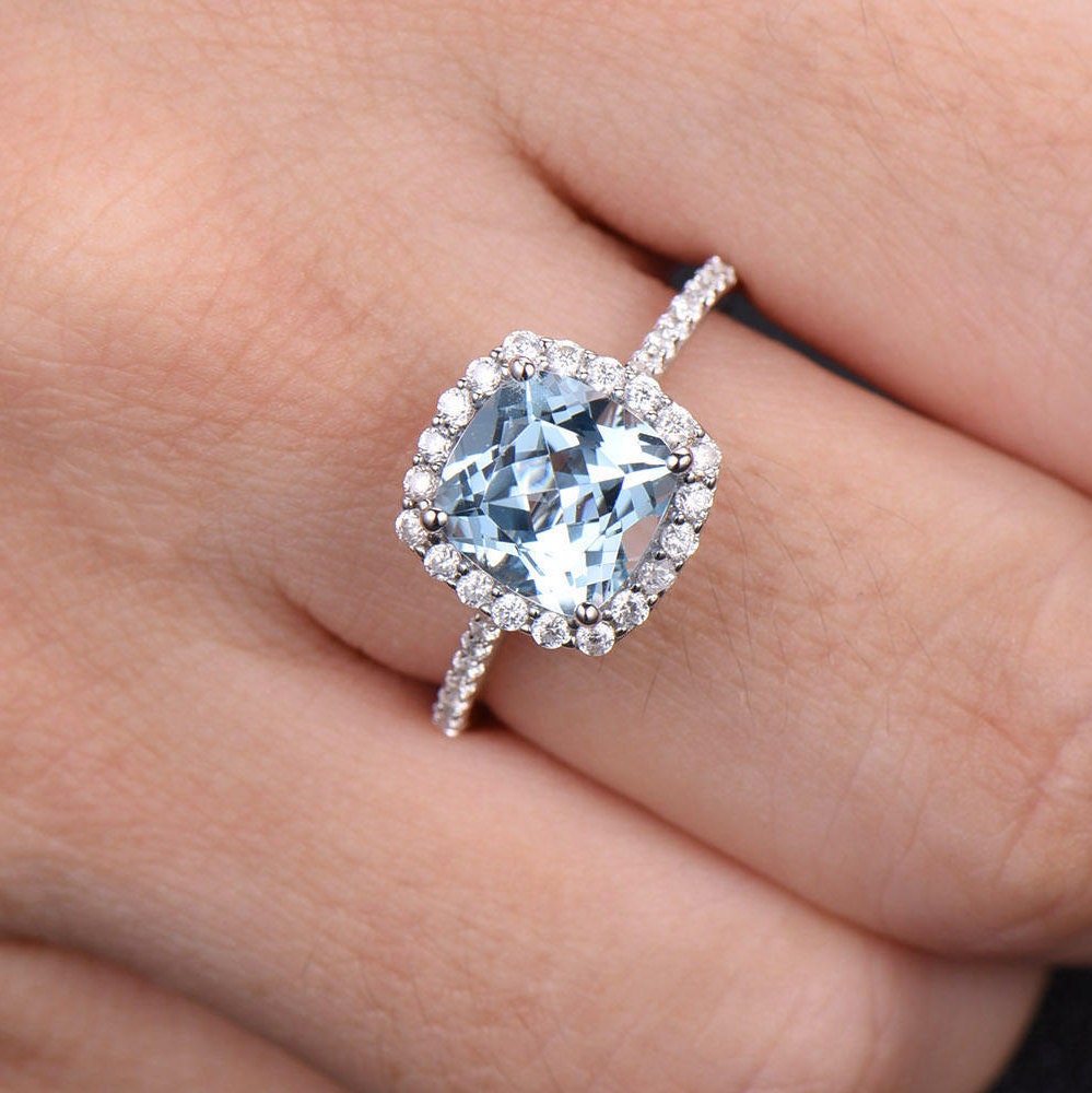 Blue Topaz Engagement Ring 8mm Cushion Cut Blue Gemstone Promise Ring CZ Pave Set 925 Sterling Silver Bridal Ring White Gold Plated