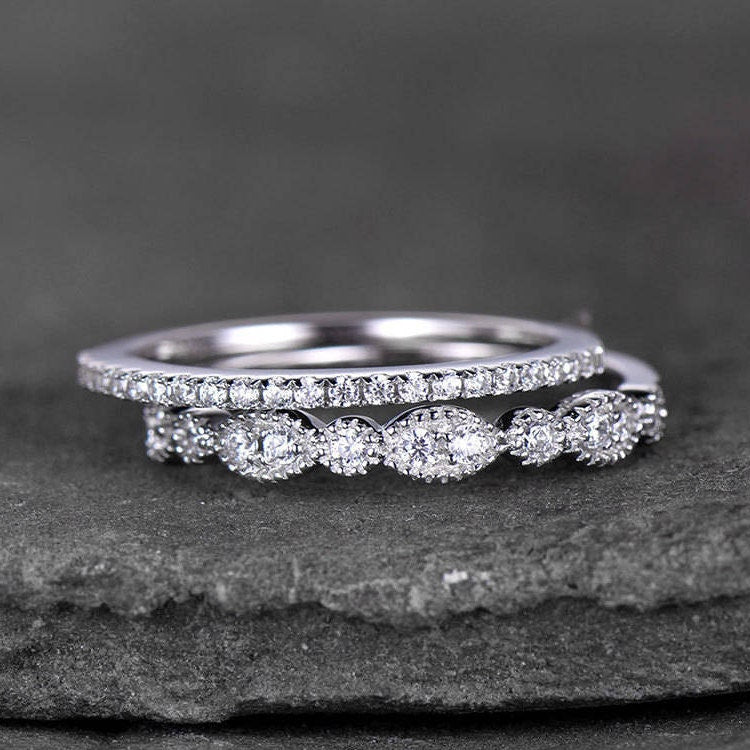 Sterling silver ring SET/Cubic Zirconia wedding band/CZ wedding ring/stack ring/2PCS Matching band/Half eternity ring/White gold plated