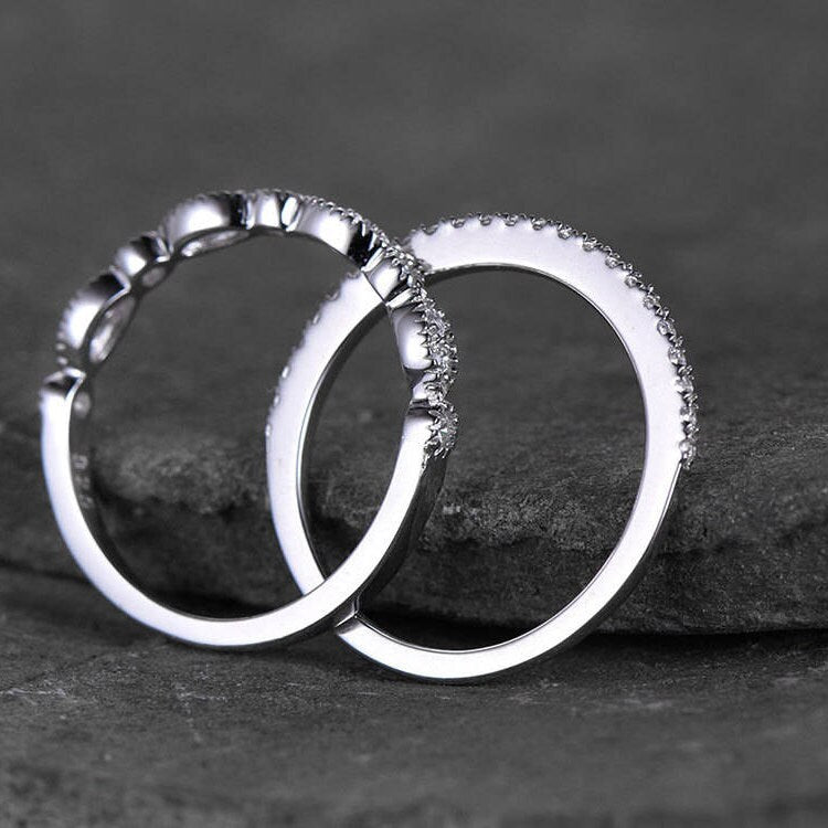 Sterling silver ring SET/Cubic Zirconia wedding band/CZ wedding ring/stack ring/2PCS Matching band/Half eternity ring/White gold plated