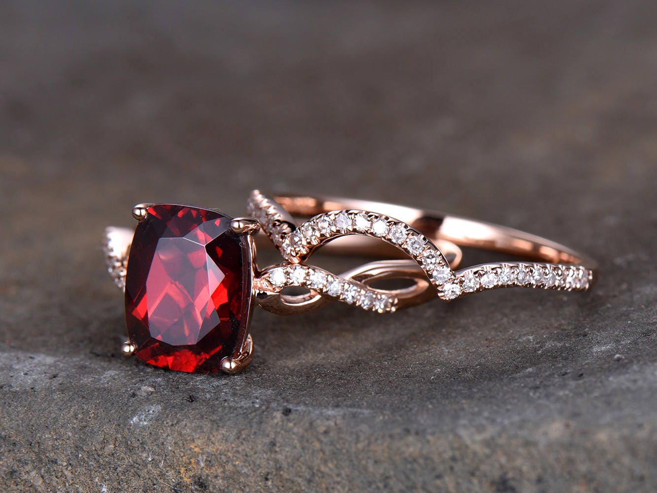 Infinity Garnet Engagement Ring Curve Wedding Band 8x10mm Cushion Cut Red Gemstone Promise Ring Rose Gold Plated Sterling Silver Bridal Set