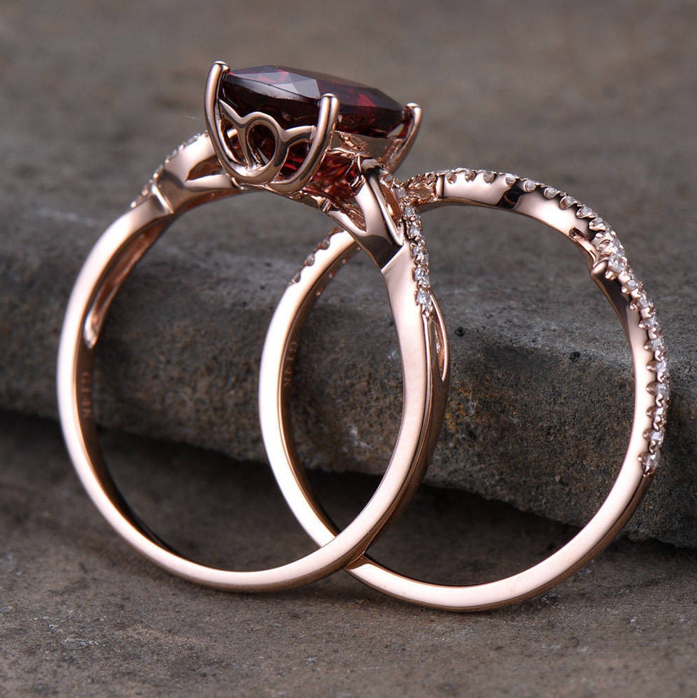 Infinity Garnet Engagement Ring Curve Wedding Band 8x10mm Cushion Cut Red Gemstone Promise Ring Rose Gold Plated Sterling Silver Bridal Set