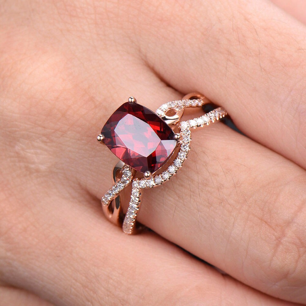 Infinity Garnet Engagement Ring Curve Wedding Band 8x10mm Cushion Cut Red Gemstone Promise Ring Rose Gold Plated Sterling Silver Bridal Set