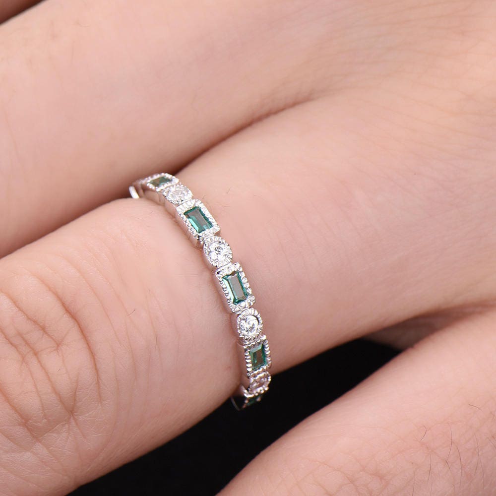 Emerald Wedding Band Art Deo Ring Eternity Baguette Emerald Wedding Band Anniversary Ring Sterling Silver Matching Band Milgrain