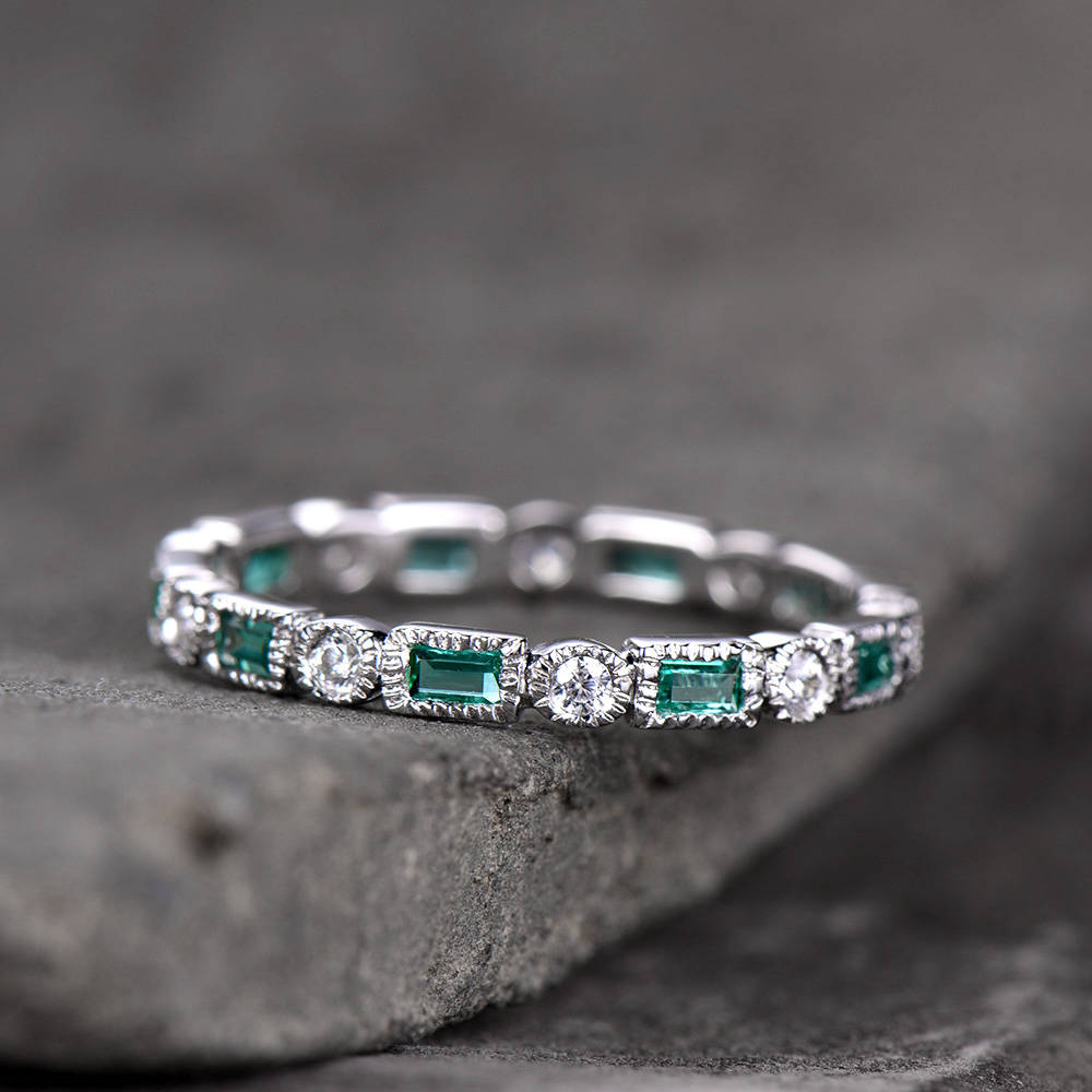 Emerald Wedding Band Art Deo Ring Eternity Baguette Emerald Wedding Band Anniversary Ring Sterling Silver Matching Band Milgrain